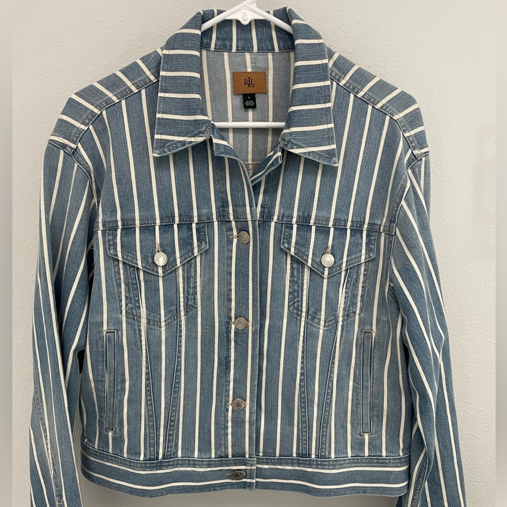 Ralph Lauren blue and white, broad stripes, cropped denim jacket, size large